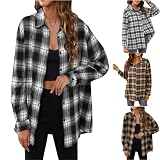 Generisch Damen Karierte Hemdjacke mit Knöpfen Holzfällerjacke Mantel Oversized Hemdbluse Langarm Karohemd Kariertes Hemd Blusenshirt Flanell Plaid Jacke Mode Boyfriend Bluse Jeansjacke für F