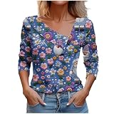NSICBMNO Damenhemden und Blusen UK Casual Tunika Tops V-Ausschnitt T-Shirts Casual Weihnachten Glänzender Druck Geknöpfte Tops Täglich Lose Langarm Tunika T-Shirt Oversized Shirts V-Ausschnitt Blusen,
