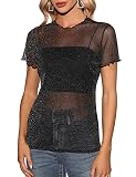 CMTOP Damen Langarm Shirt Elegant Bluse Rundhals T-Shirt Transparent Tüll Mesh Oberteile Casual Tops Schwarz(G,XL)