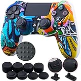 9CDeer 1 Stück von Silikon Besetzt Wassertransfer Schutz Ärmel Fall Abdeckung Haut Hülle Cover Skin +8 Daumengriffe Analoge Kappen + 2Staubdicht Stecker für PS4/Slim/Pro Controller G