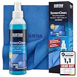 Bildschirmreiniger Set 250 ml – SUBTAN Display Reiniger Spray + Premium-Mikrofasertuch 30x38 cm – Alkoholfrei, Streifenfrei für Handy, Laptop, Monitor, TV – Made in Germany