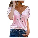 Damen Reißverschluss Bluse V-Ausschnitt Tshirt Sommer Tops Mode Liebe Herz Drucken Tunika Longtops Aushöhlen Kurzarm T-Shirt Bequeme Oberteile Blusenshirt Leichte Pullover Party Shirt Große Größ