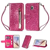 Artfeel Reißverschluss Brieftasche Hülle für Samsung Galaxy J5 2017/J530, Bling Glitzer Leder Handyhülle mit Kartenhalter,Flip Magnetverschluss Stand Schutzhülle mit Tasche und Handschlaufe-Rose R