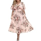Mobanna Sommerkleid Damen lang, Wickelkleid Midikleid Geraffte Taille Blumenmuster, Kurzarm Übergröße Sommerkleid Schönes Sommerkleid Abendkleid Plus Size Partykleid Tunikak