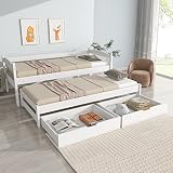 Merax Schlafsofa 90x200 cm, Tagesbett mit 2 Schubladen, Kinderbett Funktionsbett mit Lattenrost, Ausziehbett Einzel und Doppelbett, Massivholzrahmen, für Mädchen & Jungen, Weiß