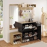 Httcg Garderobe Set Garderobenschrank Höhe 166 cm mit Spiegel und Schuhschrank, Garderobenset Flurgarderoben Set mit Wandgarderobe und Schuhbank, Kompaktgarderobe Flurmöbel mit Haken, Natural+Schw