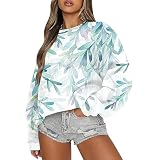 Generisch Pullover Damen Must Haves 2024 Mode Langarm Sweatshirt Casual Rundhals Pulli Oversized Bedrucken Sweatjacken Locker Hoodie Elegant Langarmshirt Lässig Oberteile Streetwear(1-White,XL)