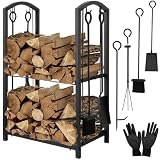 Melko Kaminholzregal 6-teiliges Set Kaminbesteck und Kaminhandschuhe Feuerholzablage mit seitlichen Haken für Innen und Außen Metall Kaminholzständer 2 Ebenen 46x31x74 cm Brennholzreg