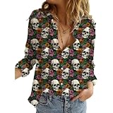 Hawaiianische Button-Down-Shirts für Damen, V-Ausschnitt, lustig, Halloween, Erntedankfest, Weihnachten, Grafik, Langarm-Top, Herbstbluse, Blumenkädel, X-Groß
