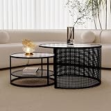 ZHENCHAO Runder Couchtisch, 2er-Set, Moderne Couchtische für das Wohnzimmer, gewebte Designs, ineinander schiebbarer Couchtisch mit offenem Stauraum, Couchtisch aus Glas mit stabilen M