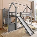 SACOOL Etagenbett 90x200 mit Stauraumtreppe und Rutsche, Hausbett (Ohne Matratze), Kinderbett mit Geländer, geeignet für Kinder, Jugendliche, G