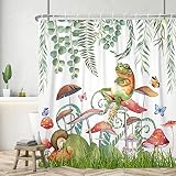 JUZGTSIT Duschvorhang mit Eukalyptusblättern, lustiger Frosch, Retro-Pilzvorhänge, grüne Pflanze, Aquarell, Schmetterling, Vintage-Badewannen-Dekor, Polyestergewebe, mehrfarbig 861, 72 B x 72 L