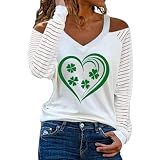 St Day Shirt for Women Long Sleeve Cold Shoulder V Neck Green Irish T Shirt Cute Heart Graphic Tees Top Mit Tiefem Ausschnitt (A, S)