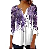 Shirt Damen 3/4 Arm V-Ausschnitt Blumen Bedruckt Dreiviertelarm Shirt a Linien Trompetenärmel Ausgefallene Bluse Plissee Sommer Bluse Casual Shirt Elegante Oberteile Tunika Bluse Trachtenb