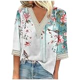 Damenblusen Sommer mit Bedruckte V Ausschnitt 3/4-Ärmeln Tunika Casual Elegant Longshirt Sommer Lässige Damenblusen Sexy Oberteile Stretch Große Größen Streetwear Italienische T S