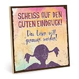 TypeStoff Holzschild mit Spruch – SCHEISS AUF DEN GUTEN EINDRUCK - shabby chic retro vintage nostalgie deko Typografie-Grafik-Bild bunt im used-look aus MDF-Holz - HS-00078