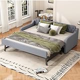WIZBED Stilvoll Polsterbett Schlafsofa mit mit ausziehbares Bett, USB & Lattenrosten, Ausziehbett 90/180x200 Bettsofa Gästebett Tagesbett, Linen, ohne M