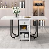 Moderner Klappbarer Esstisch Mit Schrank Und 2 Schubladen, Vielseitiger Küchentisch Mit 4 Stützbeinen Und Rollen, Perfekt Für Das Esszimmer In Der Küche(Color:White+Black Table Legs)