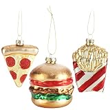 com-four® 3X Premium Christbaumschmuck - Fast-Food-Deko aus Glas - besondere Baumkugeln als Weihnachtsdeko - spezielle Weihnachtsbaumanhänger - Burger, Pommes, Pizza (3 Stück - Fast Food)