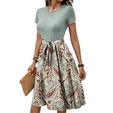 Sommerkleid Damen, Leicht und Luftig Kleider, A Linien, Kurzarm, Rundhals, Tunika Kleid, Hohe Taille, Midikleid, Freizeitkleid, Geblümt Plissee Dress mit Gürtel, Partykleid (B11 Light Blue, S)