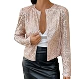 Damen-Flugjacke mit Pailletten, glitzernd, vorne offen, Party, Clubwear, Thermoschicht für Damen, rose gold, L