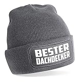 Beanie Strickmütze mit Spruch | Bester Dachdecker | grau | Unisex SoftTouch angenehm weiche und warme Wintermütze | OneSize Einheitsgröße für Erw