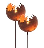 Spetebo Metall Gartenstecker Naturrost Feuerball - 2er Set/klein - Rost Windlicht mit Erdspieß 77 x 11 cm - Garten Deko Kerzen Halter Feuerkug