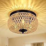 Rayofly Rattan Deckenlampe Hängend, Boho Deckenleuchte mit Rattan Lampenschirm, Vintage Deckenlampe Bambus, Rustikal Hängelampe Wohnzimmer, Schwarz Boho Korb Lampe für Schlafzimmer Küche Flur E