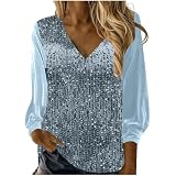 EMATOP Angebote Langarmshirt Damen Elegant Glitzer Oberteile Lässig Pailletten Blusen Tshirt Sexy V-Ausschnitt Tunika Tops Goldener Samt Pullover Baumwolle Long