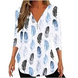 Sommer Damen Tuniken Oberteil Reißverschluss V-Ausschnitt 3/4 Arm Bluse Leicht Elegantes Langes Hemd Lose Freizeit Baumwolle Tshirts Fashion Feder Drucken Top Basics Modern Damenb