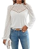 GORGLITTER Damen Elegant Blusen Stehkragen Oberteiel Hemdbluse Langarm Spitzen Tunika Bluse mit Laternenärmeln Weiß M
