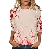 Generisch Blaues Glitzer Top mit blutigem Aufdruck und Sieben Ärmeln, Rundhalsausschnitt, bequemes Shirt 1 Funkenmariechen Kostüm Damen (Wine, S)
