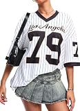 Navneet Damen Jersey Shirt Y2K Trikot Gestreift Oversize Tshirt Sommer Baggy Longshirt Kurzarm Football Streetwear Schwarz S