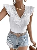 GORGLITTER Shirt Mit Spitze Damen Spitzentop V Ausschnitt Rüschen Shirt Elegante Oberteile Mit Spitze Weiß L
