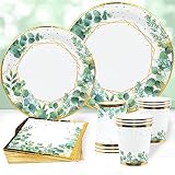Grün Partygeschirr Set,96Pcs Green Gold Baby Shower Pappteller,Olive Grün Einwegteller Set mit Pappteller Becher Servietten für Geburtstagsparty Dekoration,Babyparty,Jungle Safari Party,Boho H