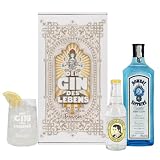 Herz & Heim® Gin Geschenkset personalisiert mit Name – Bombay Sapphire (1 l), Thomas Henry Tonic Water, graviertes Glas & Geschenkbox – Geschenkidee mit Gin Tonic zum Geburtstag