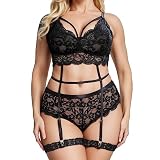 Generisch Sommer Plus-Size-Dessous-Set für Frauen, Blumenspitze, Jakobsmuschel-Trim, Strumpfband-Dessous-Set, hohe Taille, Spitzen-BH-Höschen-Set (Black, L)