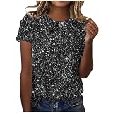 Pailletten Oberteil Damen Elegant Sommer Tshirt Lässig Lose Kurzarm Tee Tops Vintage Glitzer Sommershirts Basic Rundhals Tunika Longshirt Leicht Baumwolle Bluse Shirt blitzangebote des Tag