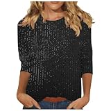Pailletten Oberteil Shirt Damen 3/4 Ärmel Tunika Tops Rundhals Lässig T-Shirt Elegant Glitzer Bluse Shirt Festlich Party Sommershirt Baumwolle Bequem Longshirt Leicht Vintage Lang