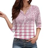 Bedrucktes Kurzarm-T-Shirt für Damen mit V-Ausschnitt und DREI Knöpfen, stilvolles, lässiges Oberteil 英文五点描述 Kurzes Top (XL)