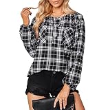 Karierte Oberteile für Damen, Stylisches Langarmshirt mit Schleifensaum auf der Brust für den Alltag (L)