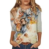Sport Oberteile Damen Shirt Damen Elegant T-Shirt Mädchen Rundhals Musterdruck Dreiviertelarm Shirt Mit Brusttasche Casual Aesthetic Shirt Trachtenbluse Elegante Oberteile T Shirt (Khaki, 4XL)
