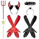 iZoeL Teufel Haarreifen Teufelshörner Teufelsohren +Schwarz Heiligenschein Handschuhe Heugabel Zauberstab Teufel Kostüm Accessorie,Damen Mädchen Halloween Karneval Fasching kostü