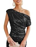 GRACE KARIN Damen Glitzer Pailletten Oberteil Festliche Schrägkragen Tops Party Shirt, Farbe: Schwarz, Größe: S