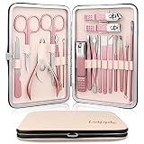 Leipple Maniküre Set Professionelles Nagelknipser Kit Pediküre Kit -18 stücke Pflegeset aus Edelstahl Nagelpflege Werkzeuge mit luxuriöser Leder Reisetasche (Beige/Rosa)