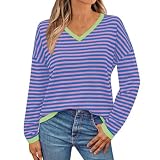 Winterpullover Damen 2024 /Winter Neuer Damen-Pullover mit V-Ausschnitt, gestreiftem Farbkontrast und Langen Ärmeln Grobstrickpullover Damen Kurzer Pullover Damen (Blue, L)