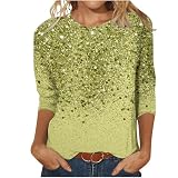Ybing Warehouse Deals Angebote rückläufer 3/4 Ärmel Pullover Damen Glitzer Druck Langarmshirt Casual Rundhals Bluse Leichte Langarm Tshirt Locker Pulli Dünne Longsleeve Oberteile Teenag