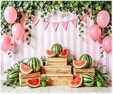Leowefowa Sommer-Wassermelonen-Fotografie-Hintergrund, 3 x 2,4 m, rosa weiße Streifen, Wand-grüne Blätter, Sommerfrüchte, Fotografie-Hintergrund für Wassermelonen-Shop, Geburtstagsparty, Dek