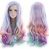 TANTAKO® Frauen Lange Gewellte Mehrfarbig Regenbogen Cosplay Perücke Hitzebeständige Holloween Karneval Kostüm Perücke (20 mehrfarbig)
