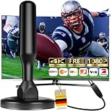 DVBT2 Antenne mit Verstärker Innen- DVBT-T2 Antenne HDTV Zimmerantenne für Fernseher, Max 360° Empfang, Maximale Signalqualität durch ALU-Kern, Unterstützt 4K HD-Kanäle TNT Antenne Innen Auß